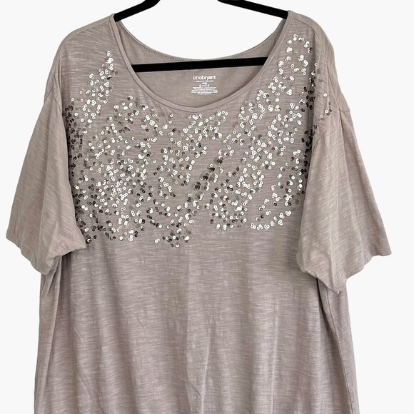 Lane Bryant Top Tee Blouse Sequined Design Taupe Color Size 18/20 Banded Bottom - Picture 6 of 12